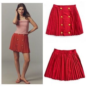 Anthropologie Coastal Preppy Hutch Red Pleated Gold Button Mini Skirt NWT XS
